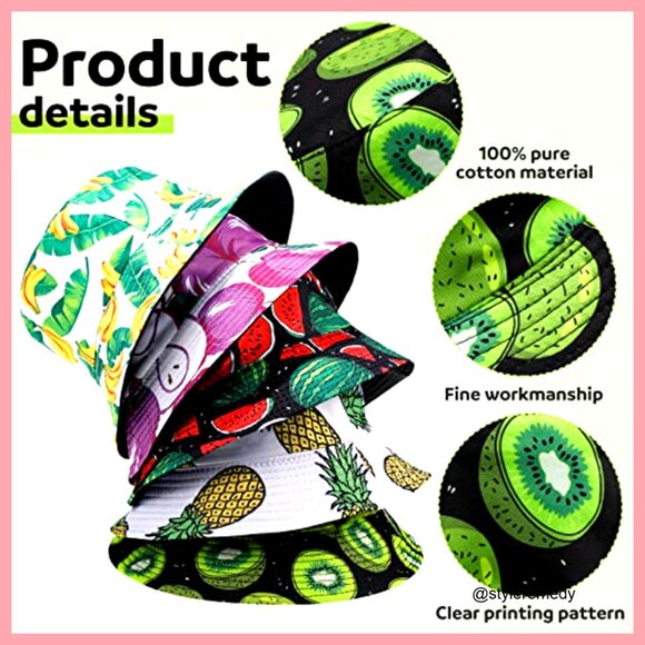 6 Pack Cotton Bucket Hats Reversible Fruit Pattern UV Protection Summer main image 4